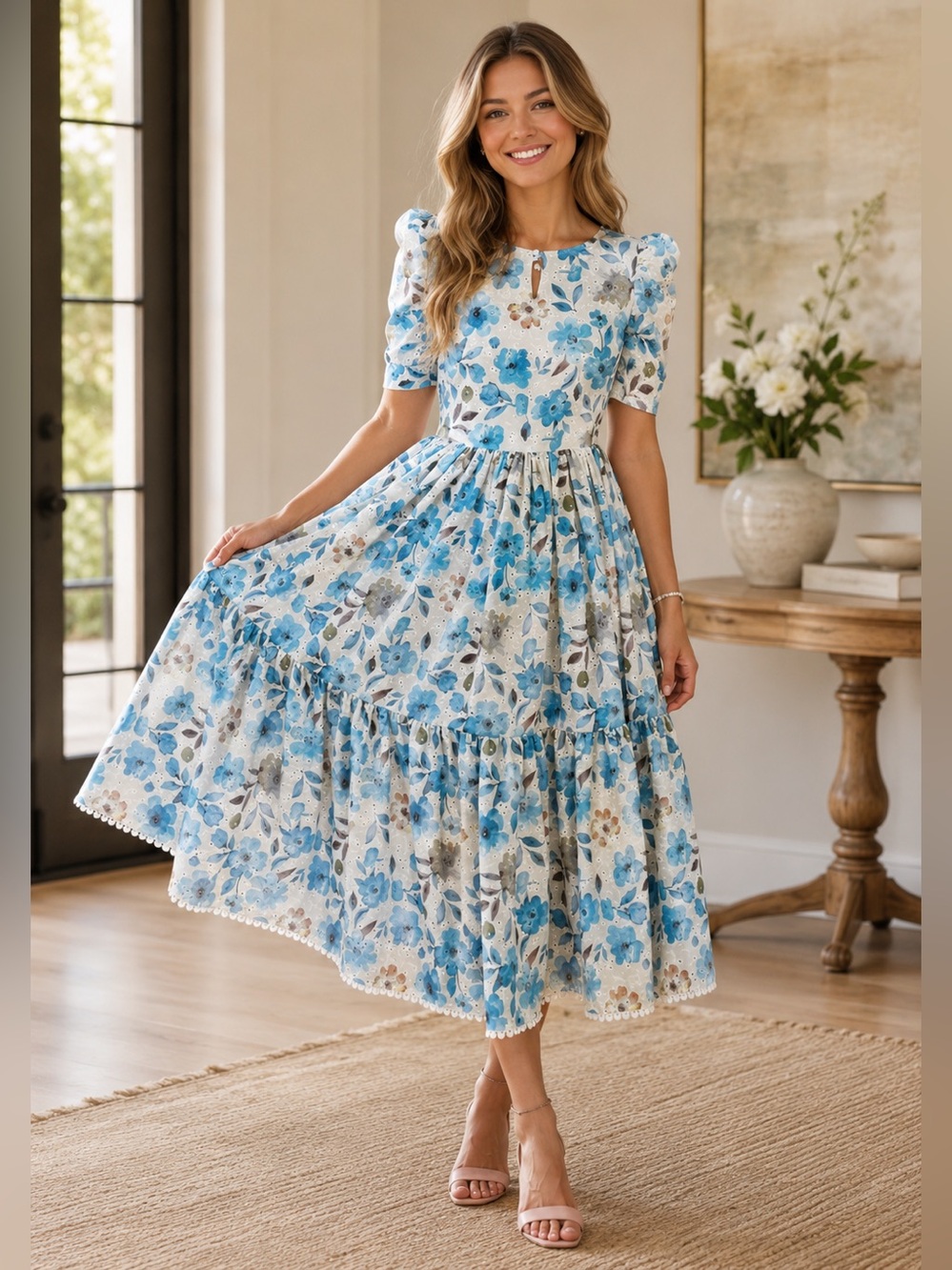 Blue Floral Midi Tiered Dress with Puff Sleeves Size( Medium Bust- 38”)